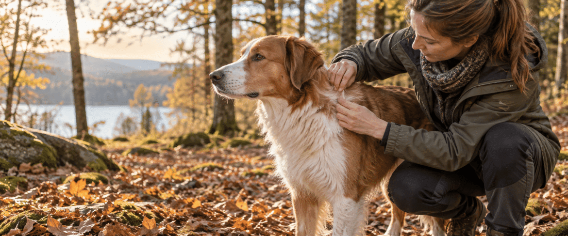 Dog owner checking a dog for ticks after an autumn walk