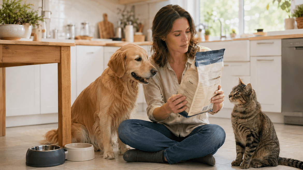 Dog and cat with owner checking the ingredients on pet food